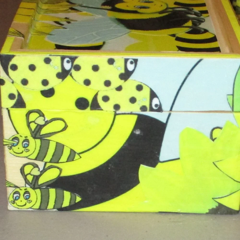 Bumble Bee Yellow Decoupage Wooden Stash Box Sunflower Catchall Hand Crafted